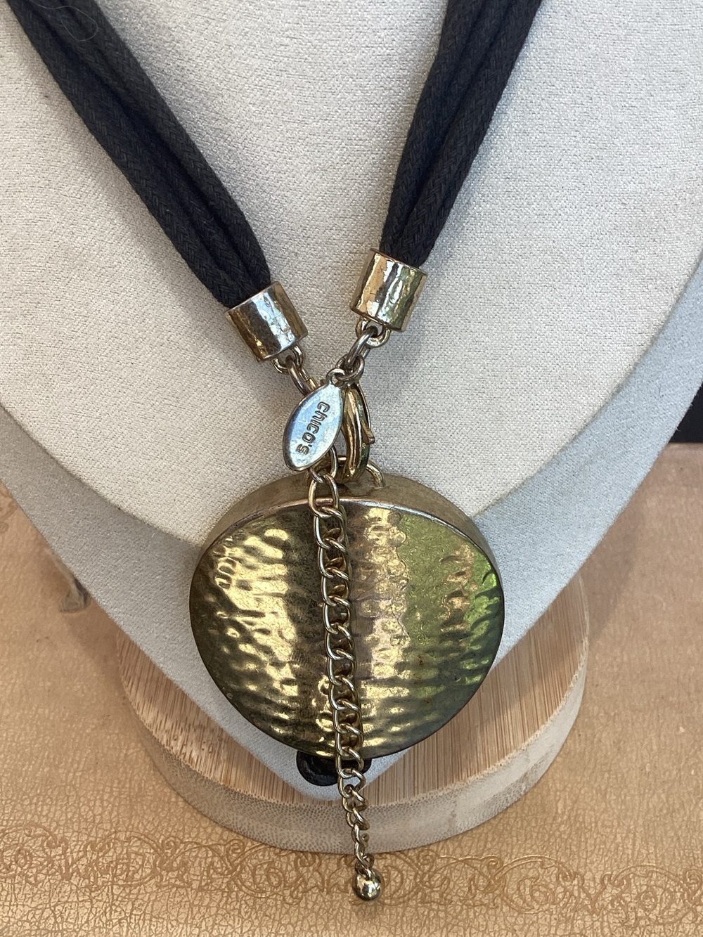 Black Cord Necklace with Hammered Gold Medallion - Women Jewelry - Picture 3 of 3